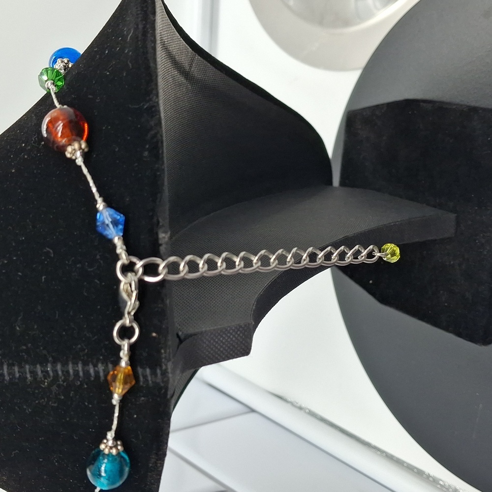 Glass Multicolor Beaded Silvertone Necklace 16"+2" - Picture 3 of 6